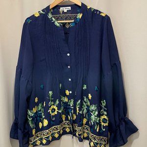 Hope Springs Embroidered Long Sleeve Blouse - Navy 2XL